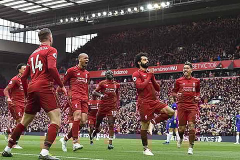 Liverpool?s Mo Salah (centre) scored a great goal