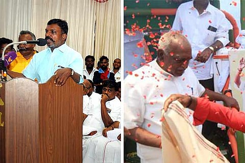 VCK Thirumavalavan (left) and BJP?s Pon Radhakrishnan in action during their campaign