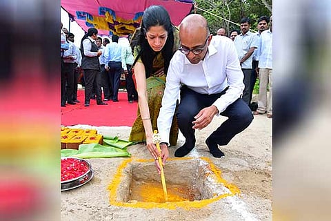 Ashwin Muthiah seen laying the  foundation stone for the 24 MW project