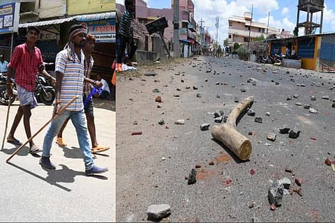 Protesters in Ponnamaravathi, stones strewn on the road in one of the trouble-hit areas in Pudukkottai dist
