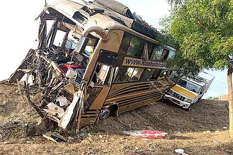 The mangled remains of a bus that rammed another bus on the Ulundurpet bypass road on Saturday