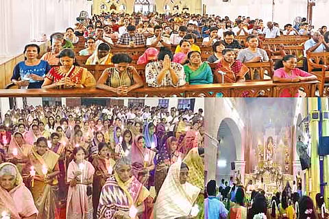 Devotees pray at the Santhome Basilica; Our Lady of Snows church; Devotees observe candle-lit prayers