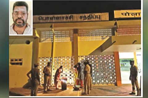 Police carry out a check at Pollachi Railway station following hoax bomb call; (inset) R Rukmangathan