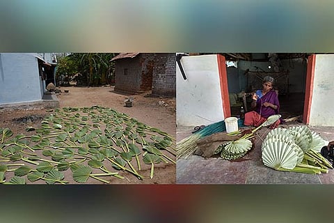 (Above) hand fans made of palm leaves; (left) Pattu making hand fans