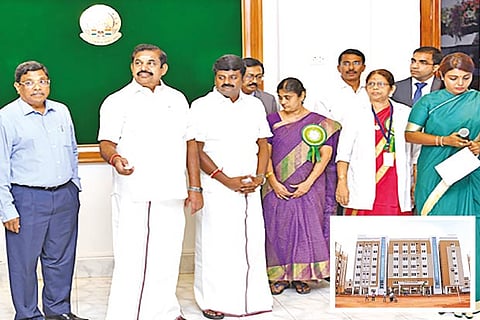 Chief Minister inaugurating the Karur medical college (inset) through video conferencing from Secretariat