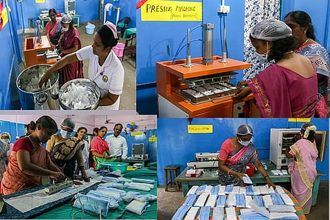 A staff helps the patients process the cotton, patients use the compressing machine to press the cotton