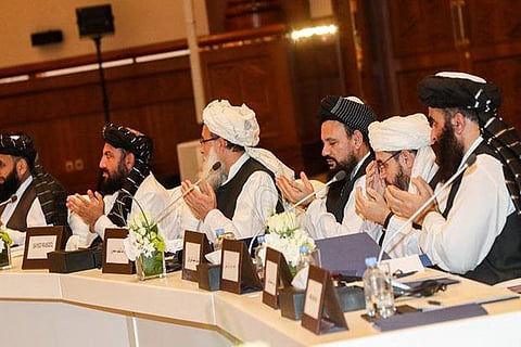 Taliban members attending the 2nd day of Intra Afghan Dialogue talks last month in Doha. File: AFP