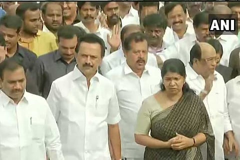 MK Stalin, Kanimozhi lead procession to Karunanidhi's memorial on his death anniversary