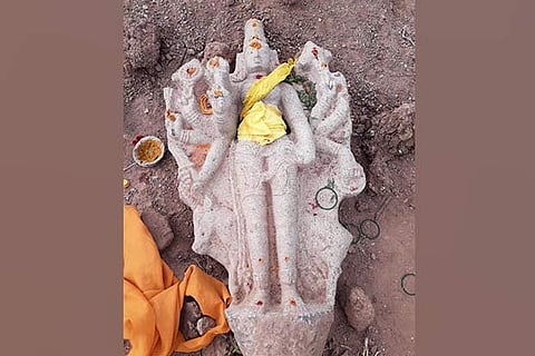 The five-foot stone idol of Goddess Durga that was found by workers near Tiruverumbur on Wednesday