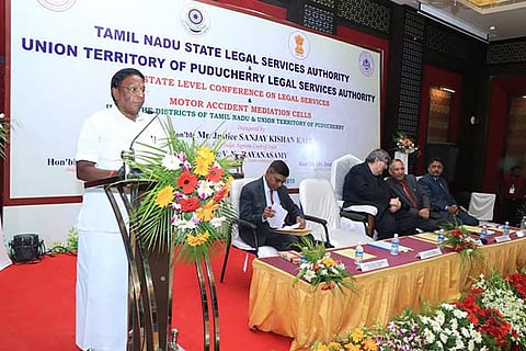 Puducherry CM V Narayanasamy addressing judicial officers at a state level conference in Pondy on Sunday