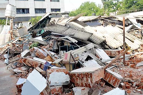 A portion of the debris of the building that was razed in Coimbatore on Monday