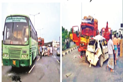 The mangled remains of the vehicles that were involved in multiple collision on GST Road