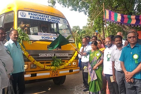 The new bus purchased by the panchayat union primary school at Moopar Colony near Pernambut being flagged off