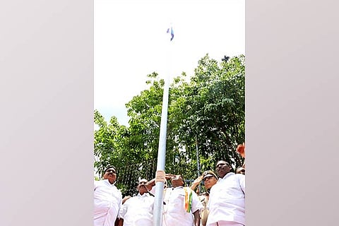 Puducherry CM V Narayanasamy  saluting at the national flag on Thursday