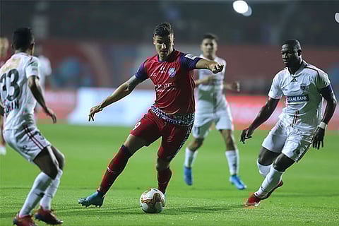 Jamshedpur FC striker Sergio Castel (centre) scored his fifth goal of the season against NorthEast
