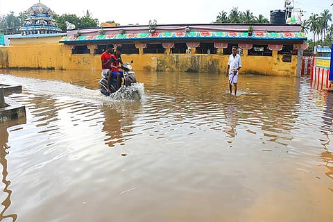 A temple engulfed by water in Rameswaram on Monday