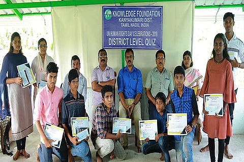 Winners of the quiz competition organised as part of the UN Aids and Human Rights Day in Kanniyakumari