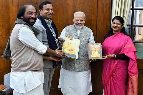 DMK delegation led by TR Baalu presents Thirukkural book to PM Narendra Modi in Delhi on Wednesday