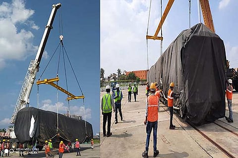 New rakes being lowered into the CMRL depot in Koyambedu