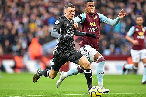 Leicester City striker Jamie Vardy (left) struck a brace against Aston Villa in the Premier League