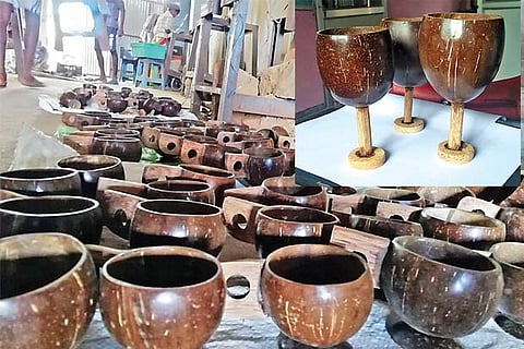 Bowls and boxes made out of coconut shells ; wine glasses (top)