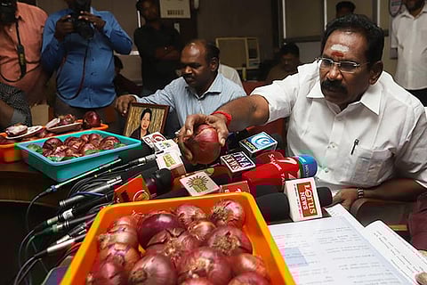 Cooperation Minister Sellur Raju addresses media after reviewing the onion prices in Chennai, on Thursday