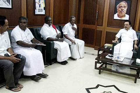 DMK president MK Stalin discussing civic poll plans with Left parties? leaders in Chennai on Thursday