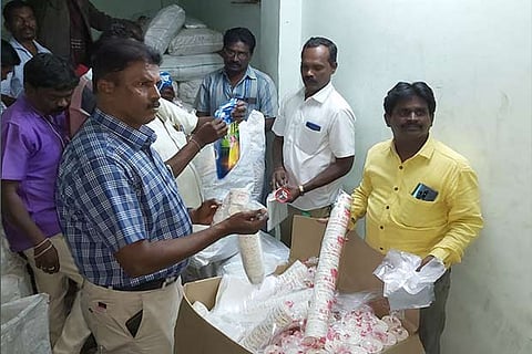 Vellore Corporation officials inspect the plastic products