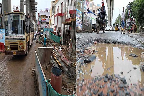 Metro work is being undertaken while the vehicles ply on the narrow pothole-ridden Tiruvottiyur High Road