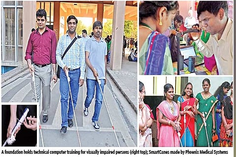 A foundation holds technical computer training for visually impaired persons (right top); SmartCanes