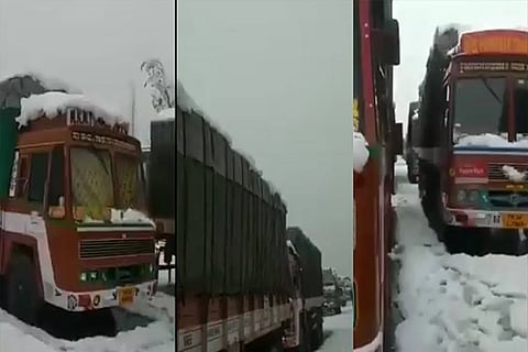 A view of the lorries stranded in Kashmir in heavy snowfall