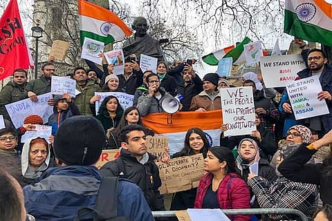 CAA protesters gather at Gandhi statue in London