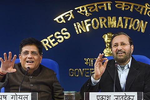 Union Ministers Prakash Javadekar and Piyush Goyal brief the media on cabinet decisions at PIB conference hall