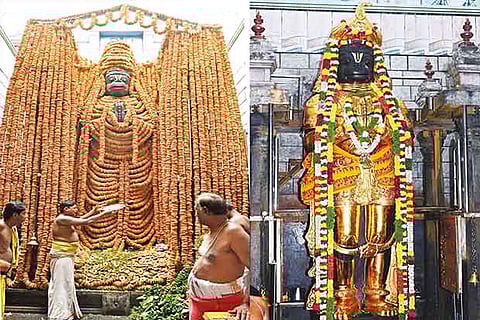 Priests worship the 18-foot Hanuman idol decked with vadas, on Wednesday