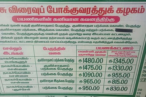 The SETC bus tariff on the display in Vadasery bus stand in Kanniyakumari district