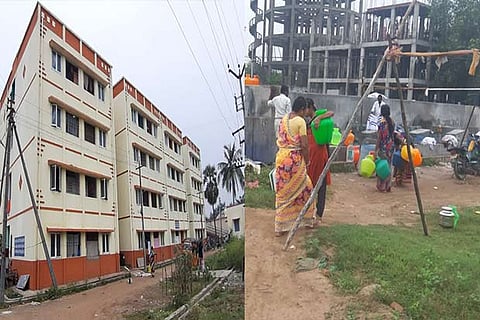 Slum clearance board flats at Vellore; (right) Women residents fetch water from a well marked for washermen