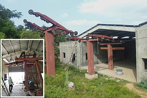 Machinery atop the hill to haul the gondolas; (Inset) base station of the rope car project