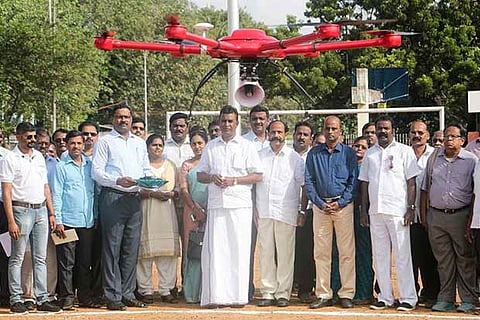 File photo of Minister SP Velumani launching the drone in the city