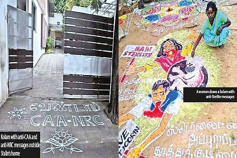 Kolam with anti-CAA, anti-NRC messages outside Stalin?s home; A woman draws a kolam with anti-Sterlite remarks