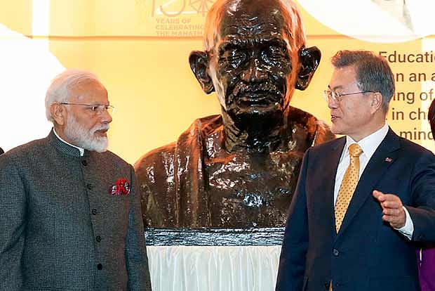 Modi Gandi Modi unveils Gandhi bust in Seoul, invokes his ideals to fight terror