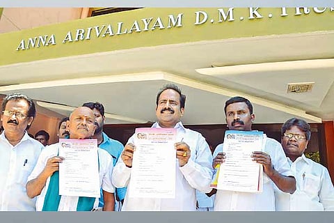 DMK aspirants with the applications for the LS polls, outside the party headquarters in Chennai