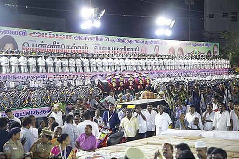 Freebies are kept near the stage during a government function held at Perambur on Monday