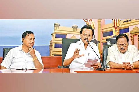DMK President MK Stalin at a press meet in the party headquarters in Chennai on Sunday