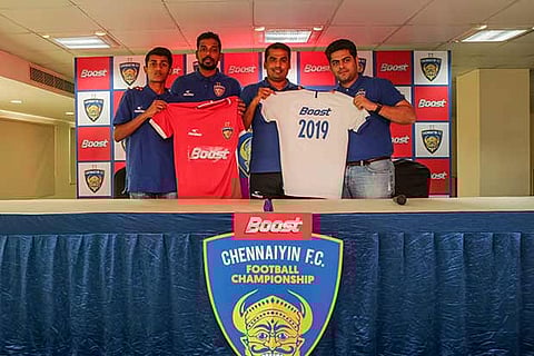 Ganesh (2L) during the launch of CFC Football C?ship