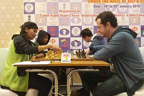 Tamil Nadu?s J Saranya (left) in action against Levan Pantsulaia