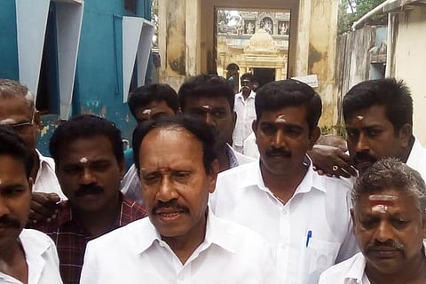 Lok Sabha Deputy Speaker M Thambidurai speaking to reporters at a temple in Kumbakonam on Saturday