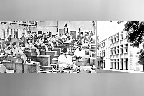Workshop for engineers at IIT Madras; (right) the first building established in the institute