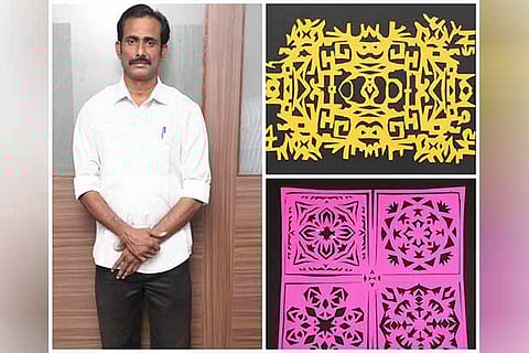 (L) Kagitha Sirpi Ramesh, (R) The award-winning alphabet kirigami (above) a creation of his (Bottom)