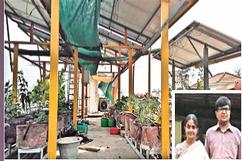 A view of the solar panels mounted above the roof garden ; Vellore CMC Dr Subramani with his wife
