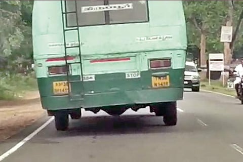 Screenshot from the video that went viral of a TNSTC bus found plying with just two rear wheels on its rear on